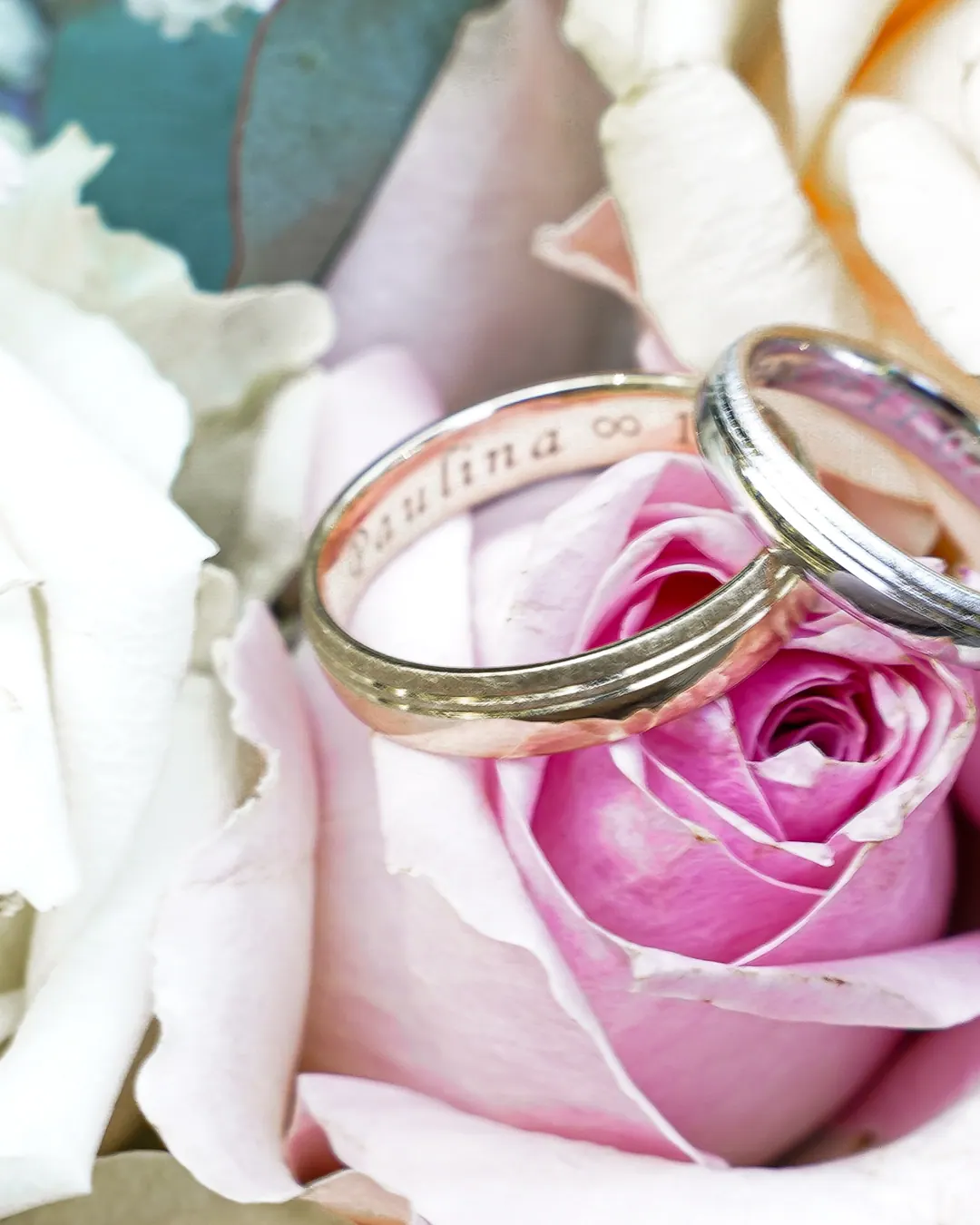 Zwei Eheringe liegen auf cremefarbenen und rosa Rosen