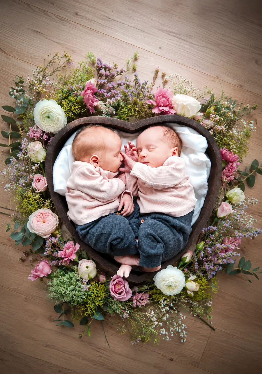 Zwei Babys liegen eng aneinander in einem herzförmigen Körbchen voller Blumen