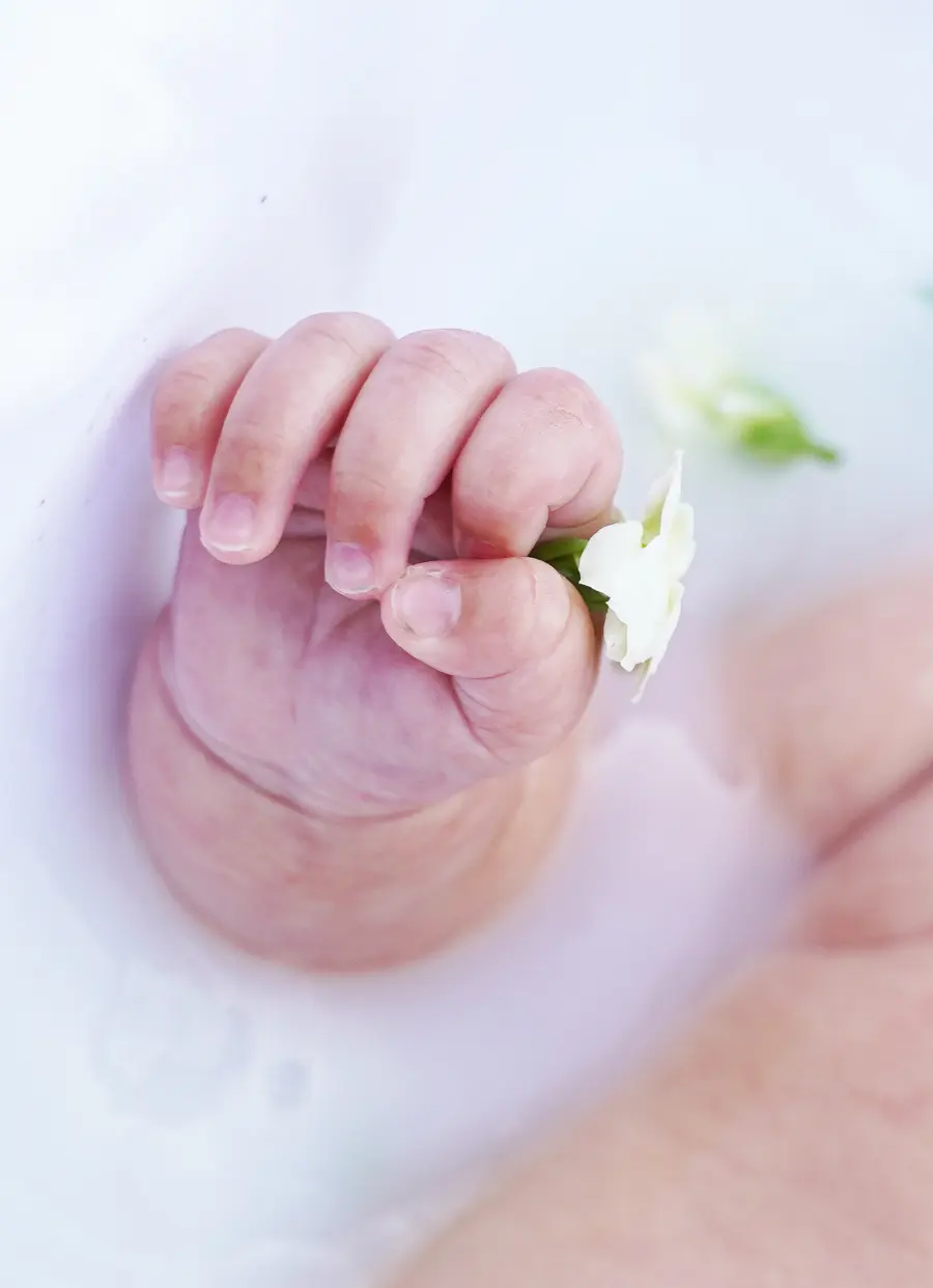 Nahaufnahme: Die Hand eines Babys hält eine kleine weiße Blüte