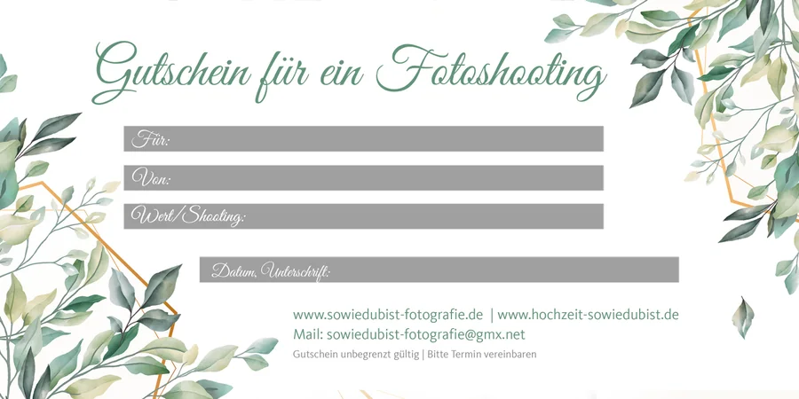 Rückseite des Fotogutscheins mit Feldern für Empfänger, Absender, Wert und Unterschrift