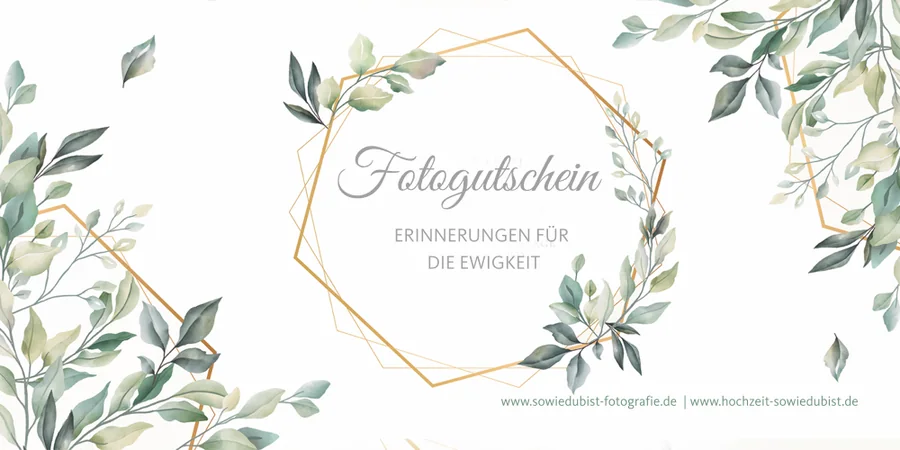 Vorderseite des Fotogutscheins mit Aquarell-Eukalyptus und goldenem Rahmen